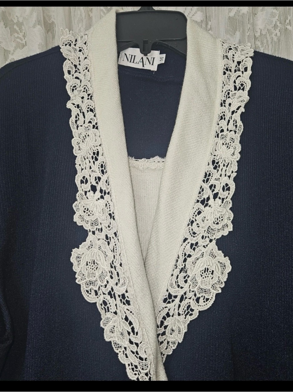 Vintage Nilani Navy Blue Off White Lace Trim knit Cardigan Coquette Sweater M - Picture 3 of 13